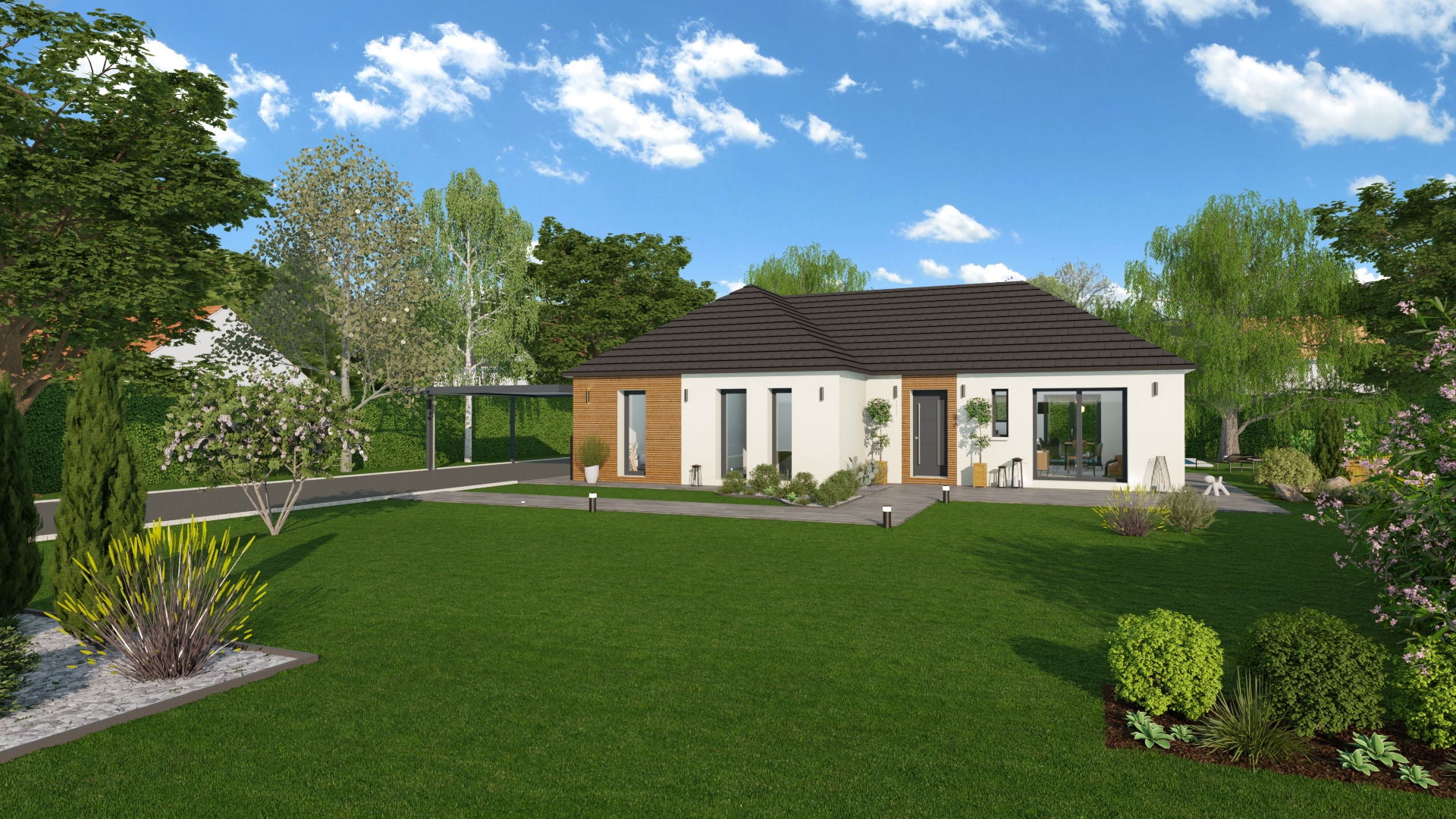 maison en L jardin bois