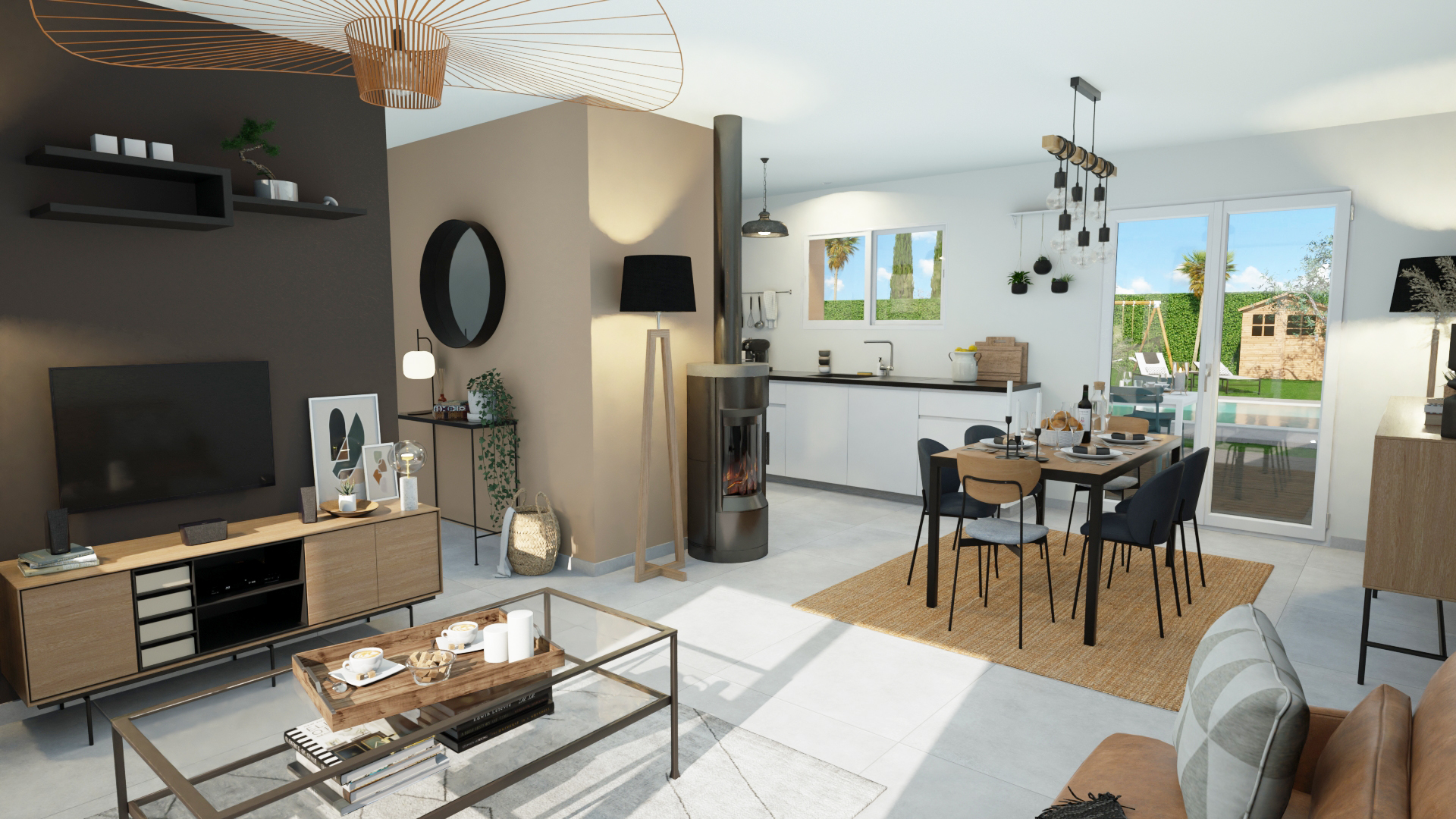 cuisine ouverte peite maison plan de travail séjour espace décloisonnée